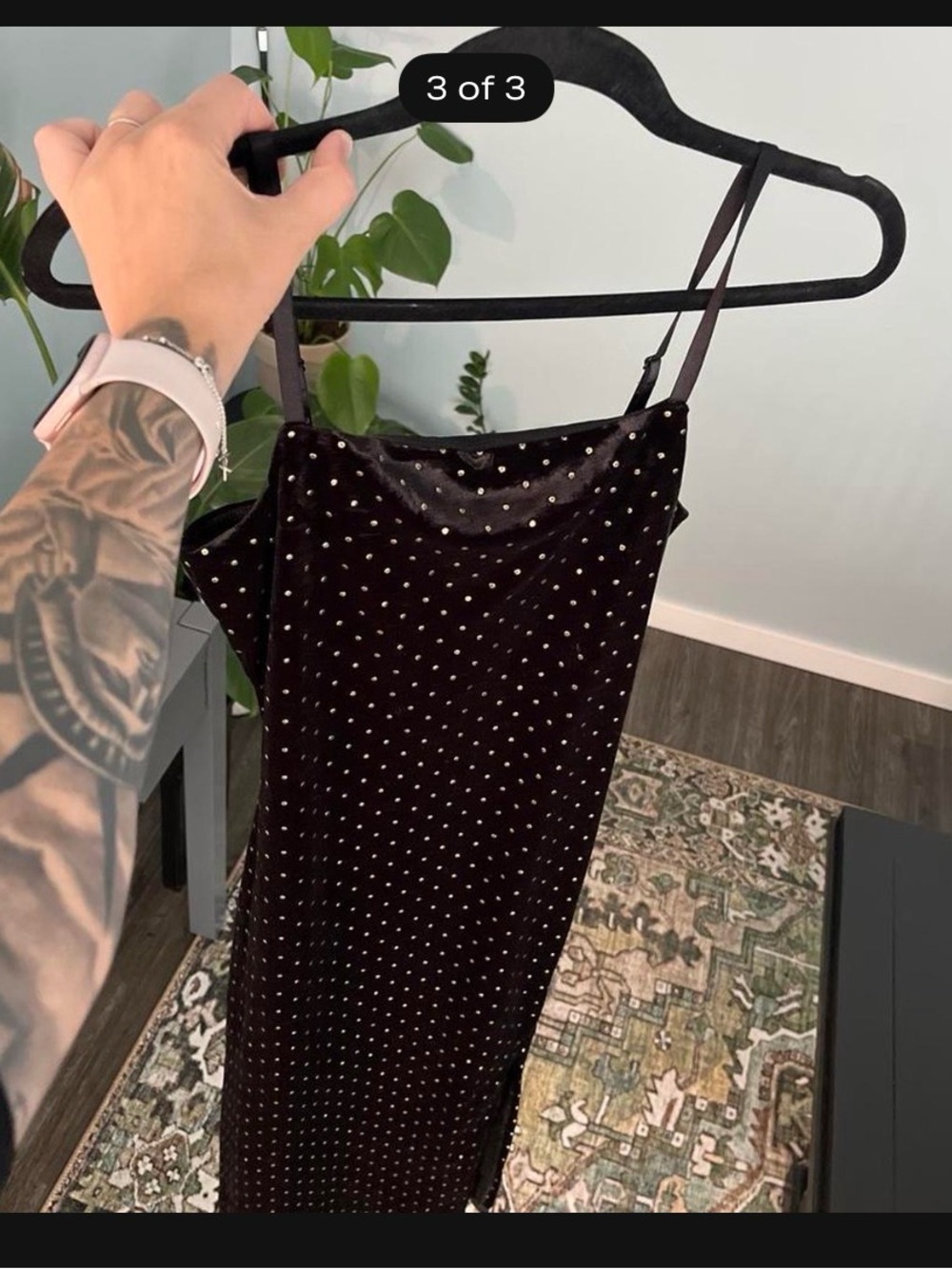 love, Fire Black Velvet Dress with Gold Dot Accents